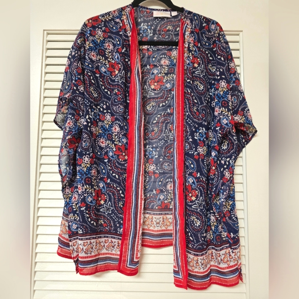Belle by Kim Gravel - Lightweight Sheer Border Print Woven Open Cardigan
